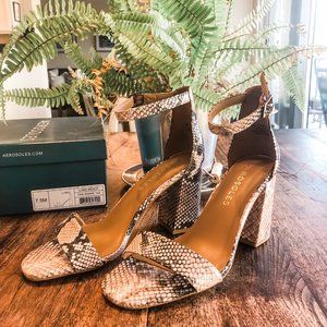 Aerosoles Long Beach Heeled Sandal with Ankle Strap in Tan Snake 7.5M